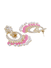 Thumbnail for Shoshaa Pink & Gold-Toned Contemporary Kundan Drop Earrings With Pearls - Distacart