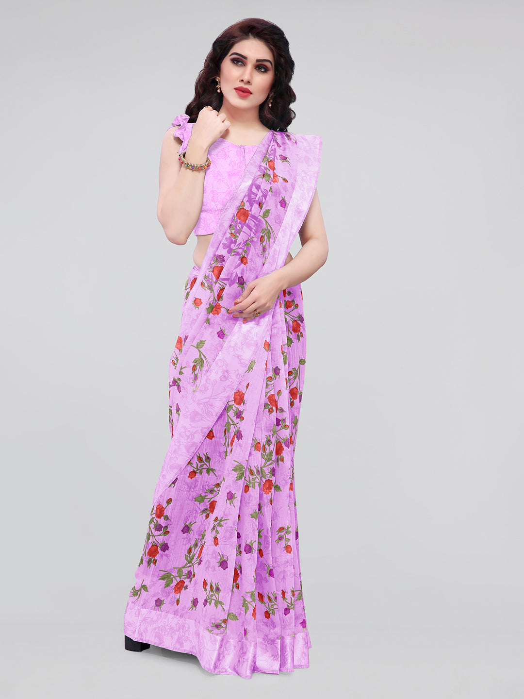 Kalini Pink & Lavender Floral Bagh Saree - Distacart