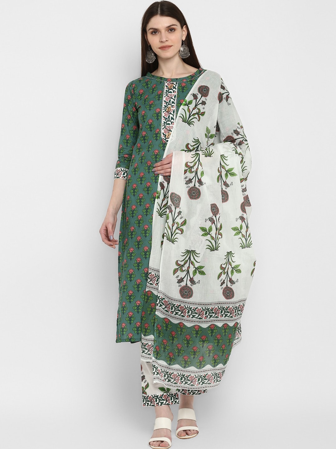 Kalini Women Green Floral Printed Pure Cotton Kurta with Trousers & Dupatta - Distacart