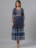 Thumbnail for Juniper Women Navy Blue Georgette Geometric Printed Tiered Maxi Dress - Distacart