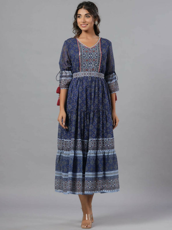 Juniper Women Navy Blue Georgette Geometric Printed Tiered Maxi Dress - Distacart