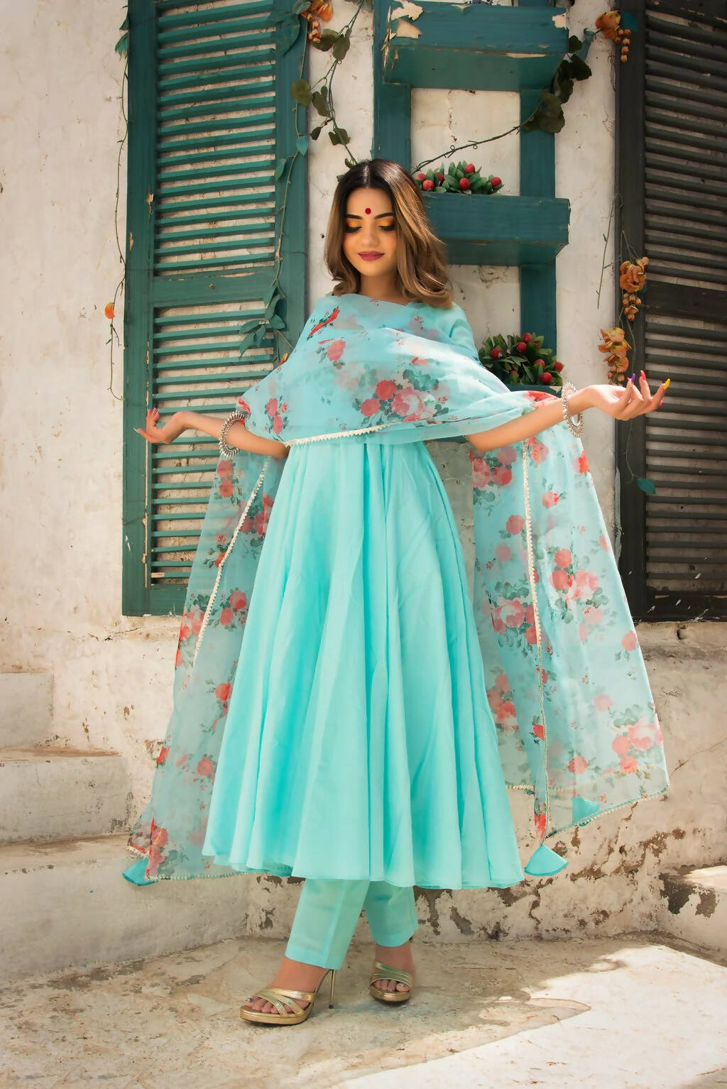 Pomcha Jaipur Blue Berry Pure Cotton Anarkali Set With Organza Dupatta - Distacart