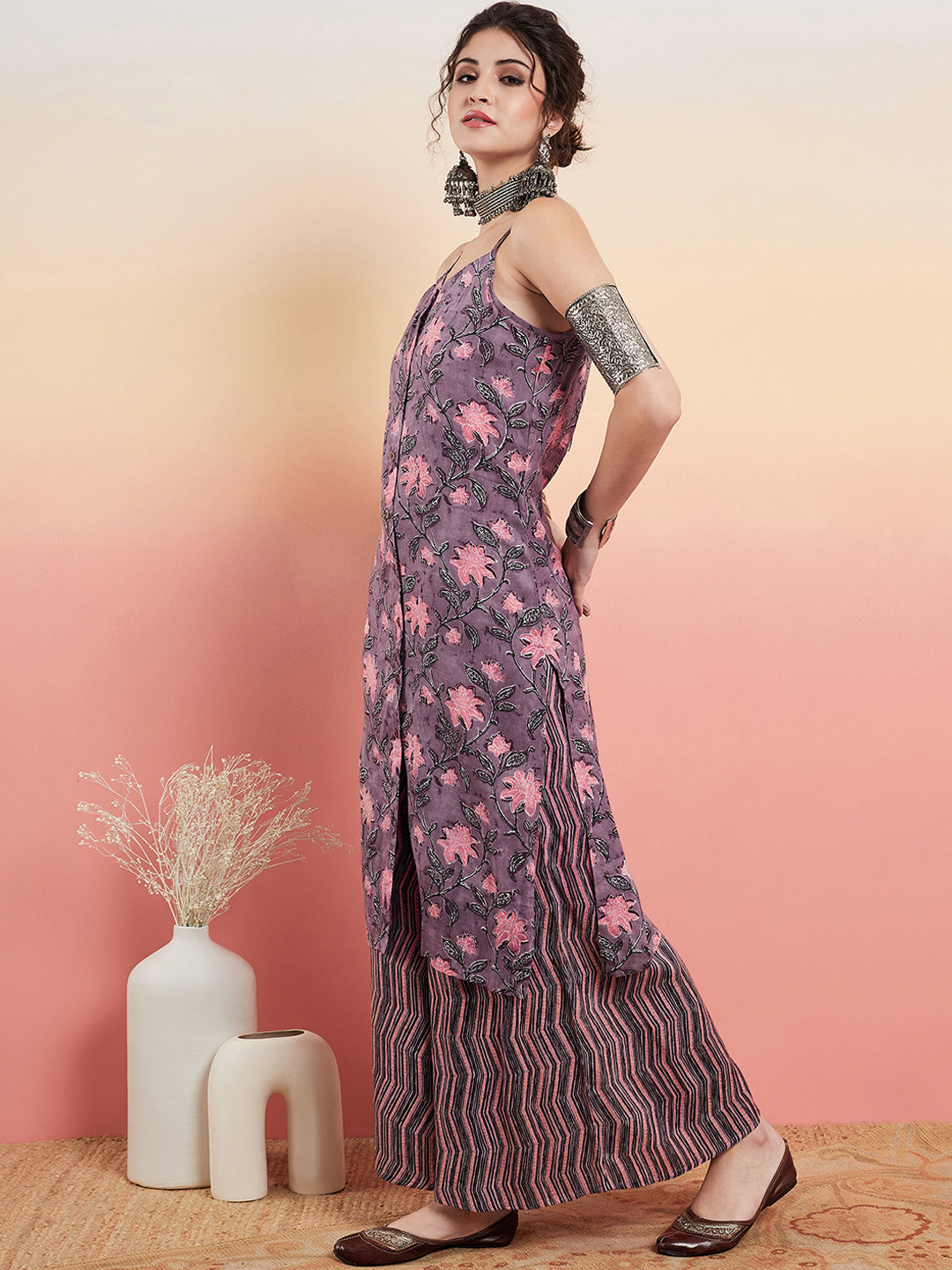 InWeave Women's Mauve Bagh Print Spaghetti Kurta Zig Zag Palazzo Set - Distacart