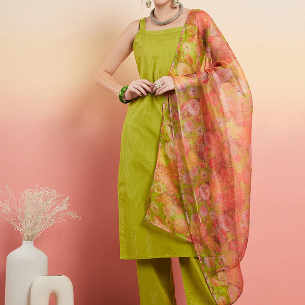 InWeave Women's Lime Green Lurex Strappy Straight Kurta Set W Organza Dupatta - Distacart