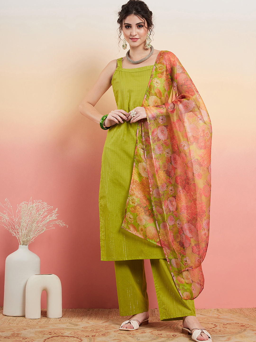 InWeave Women's Lime Green Lurex Strappy Straight Kurta Set W Organza Dupatta - Distacart