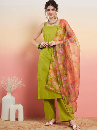 InWeave Women's Lime Green Lurex Strappy Straight Kurta Set W Organza Dupatta - Distacart