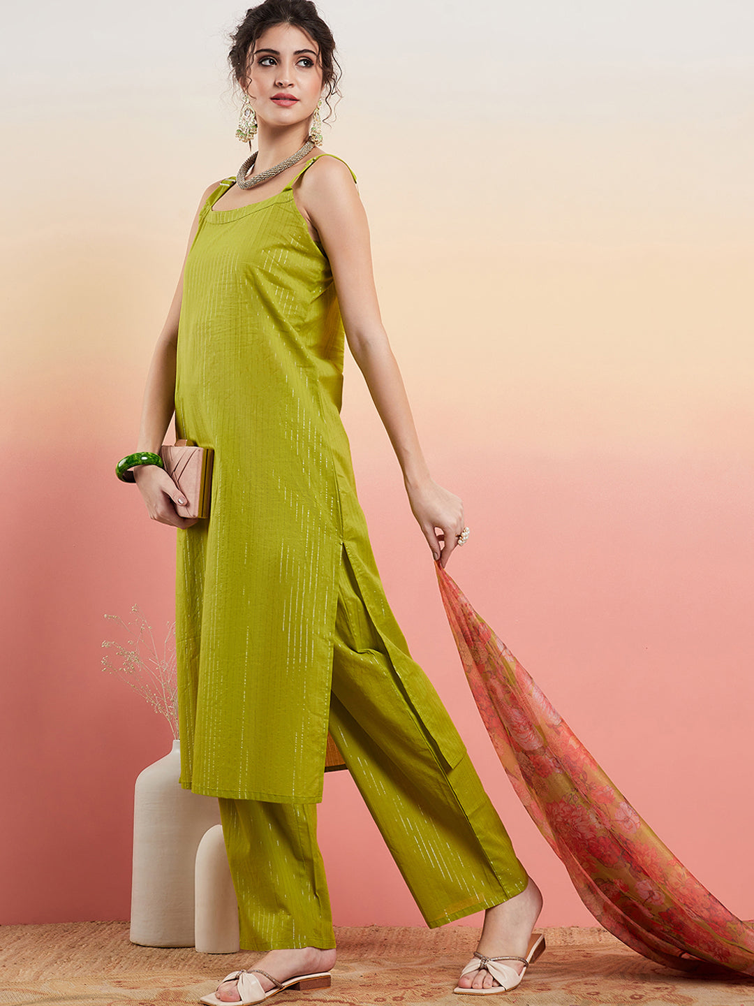 InWeave Women's Lime Green Lurex Strappy Straight Kurta Set W Organza Dupatta - Distacart
