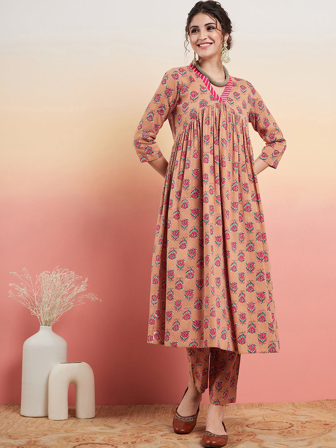 InWeave Women's Beige Pink Floral Pink White Leh V Neck Kurta Set - Distacart