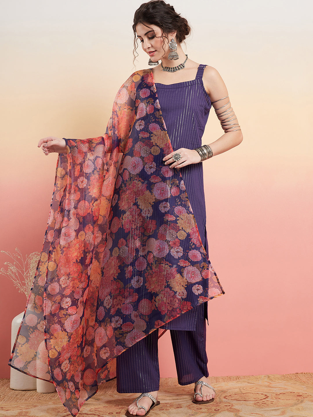 InWeave Women's Purple Lurex Strapp Straight Kurta Set W Organza Dupatta - Distacart