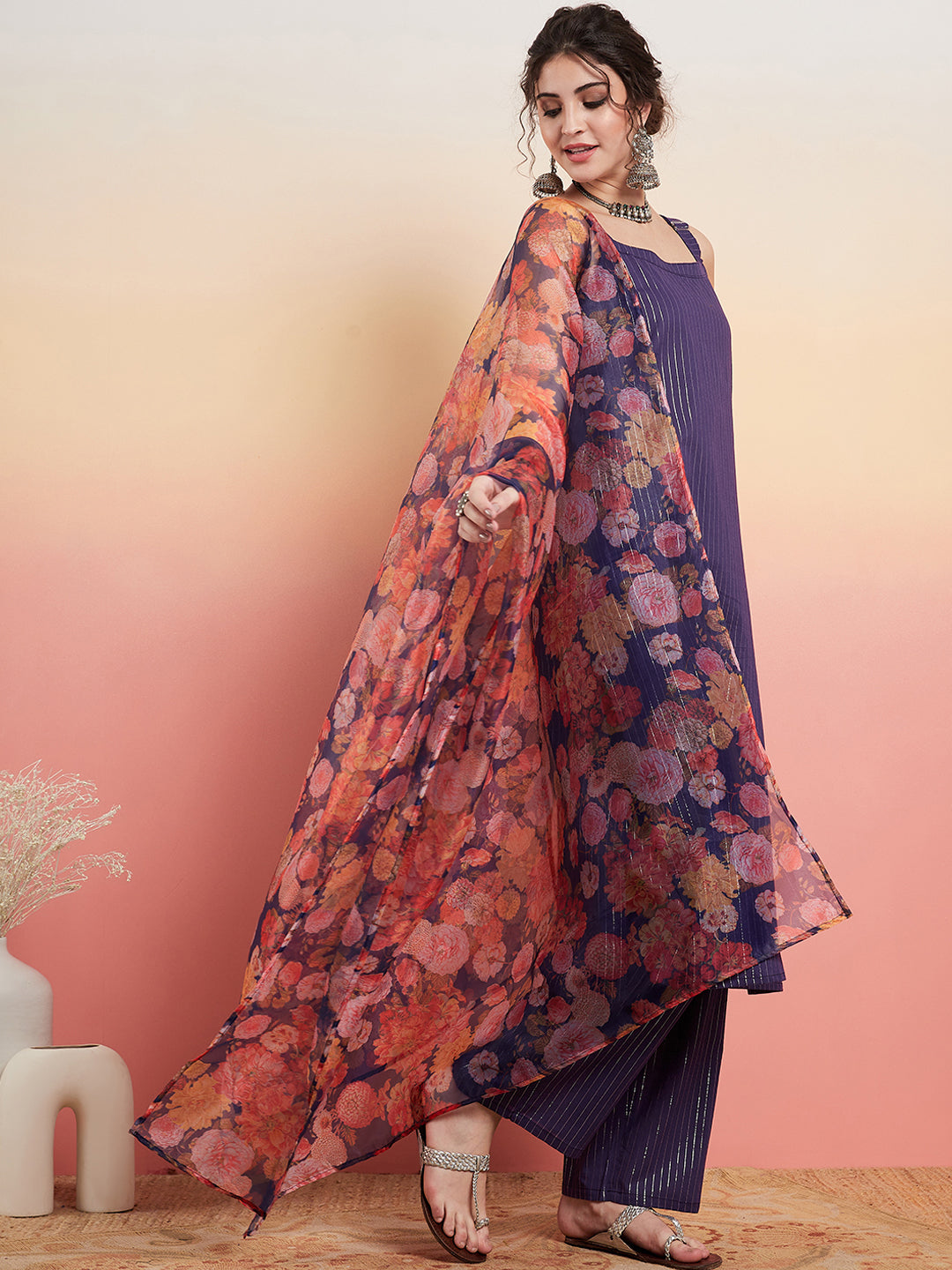 InWeave Women's Purple Lurex Strapp Straight Kurta Set W Organza Dupatta - Distacart