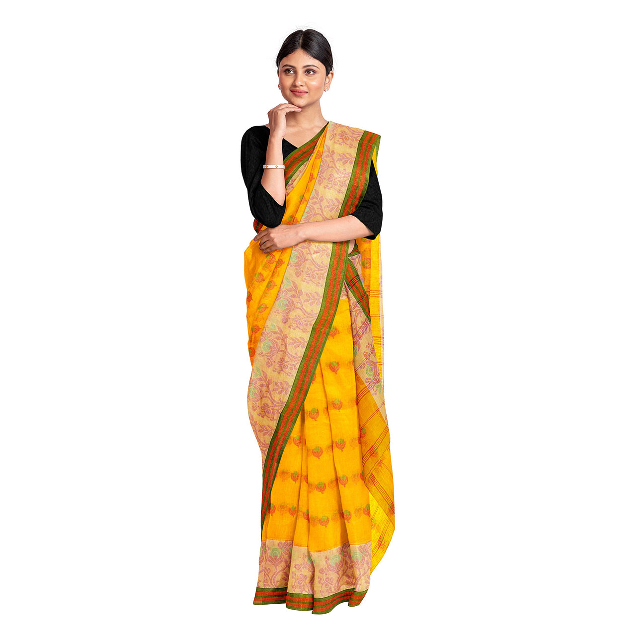 Exclusive Collection 100% Pure Cotton Yellow Tant Saree With Hand Weaving Work - Distacart