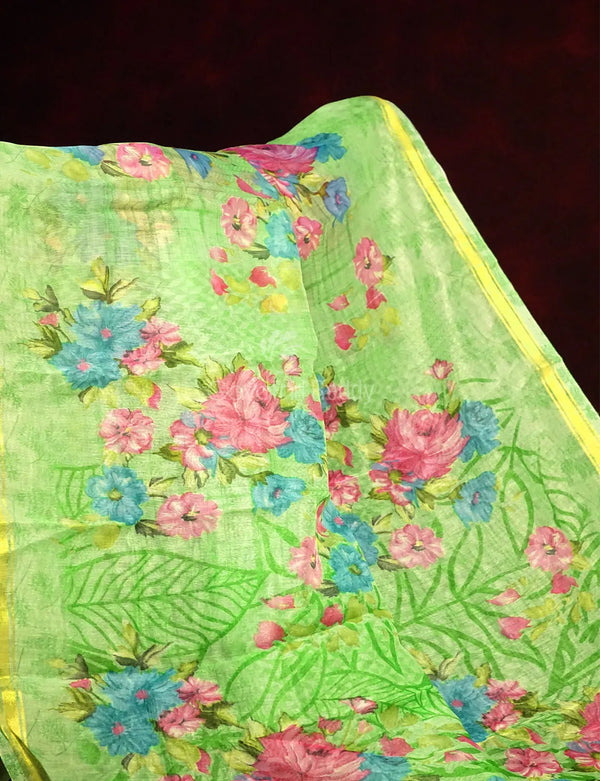 Fern Green Colour Floral Print Semi Chanderi Saree By Gayathri Reddy Designer Studio - Distacart