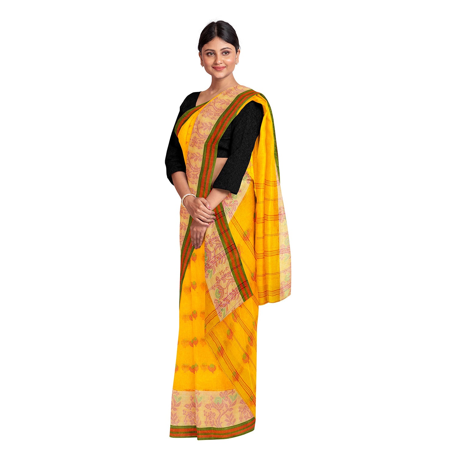 Exclusive Collection 100% Pure Cotton Yellow Tant Saree With Hand Weaving Work - Distacart