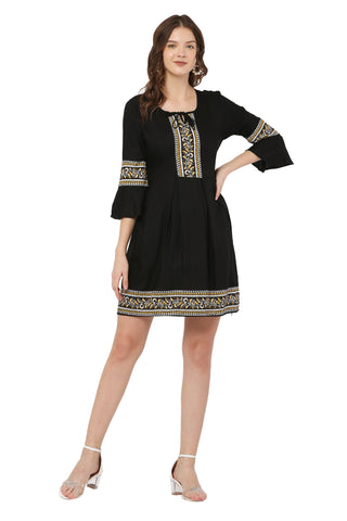 PAVONINE Black Color Rayon Fabric Printed Short Midi For Girls - Distacart