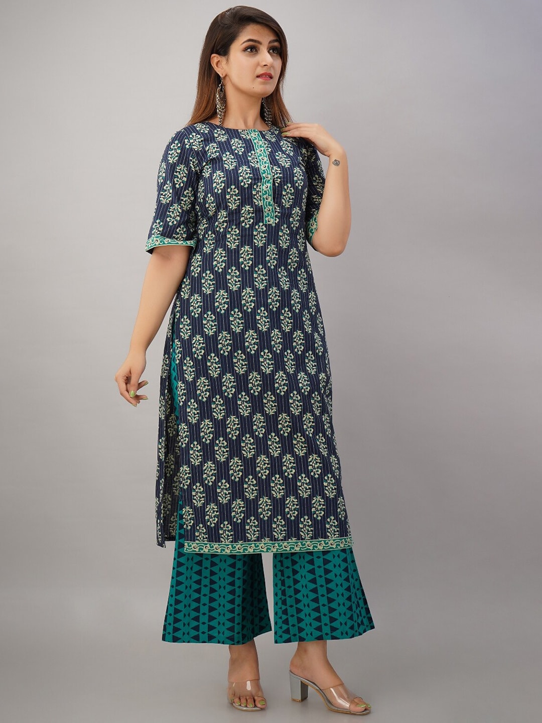 HERE&NOW Turquoise Blue Floral Printed Regular Kurta with Palazzos - Distacart