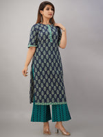 Thumbnail for HERE&NOW Turquoise Blue Floral Printed Regular Kurta with Palazzos - Distacart