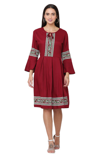 PAVONINE Maroon Color Rayon Fabric Printed Short Midi For Girls - Distacart