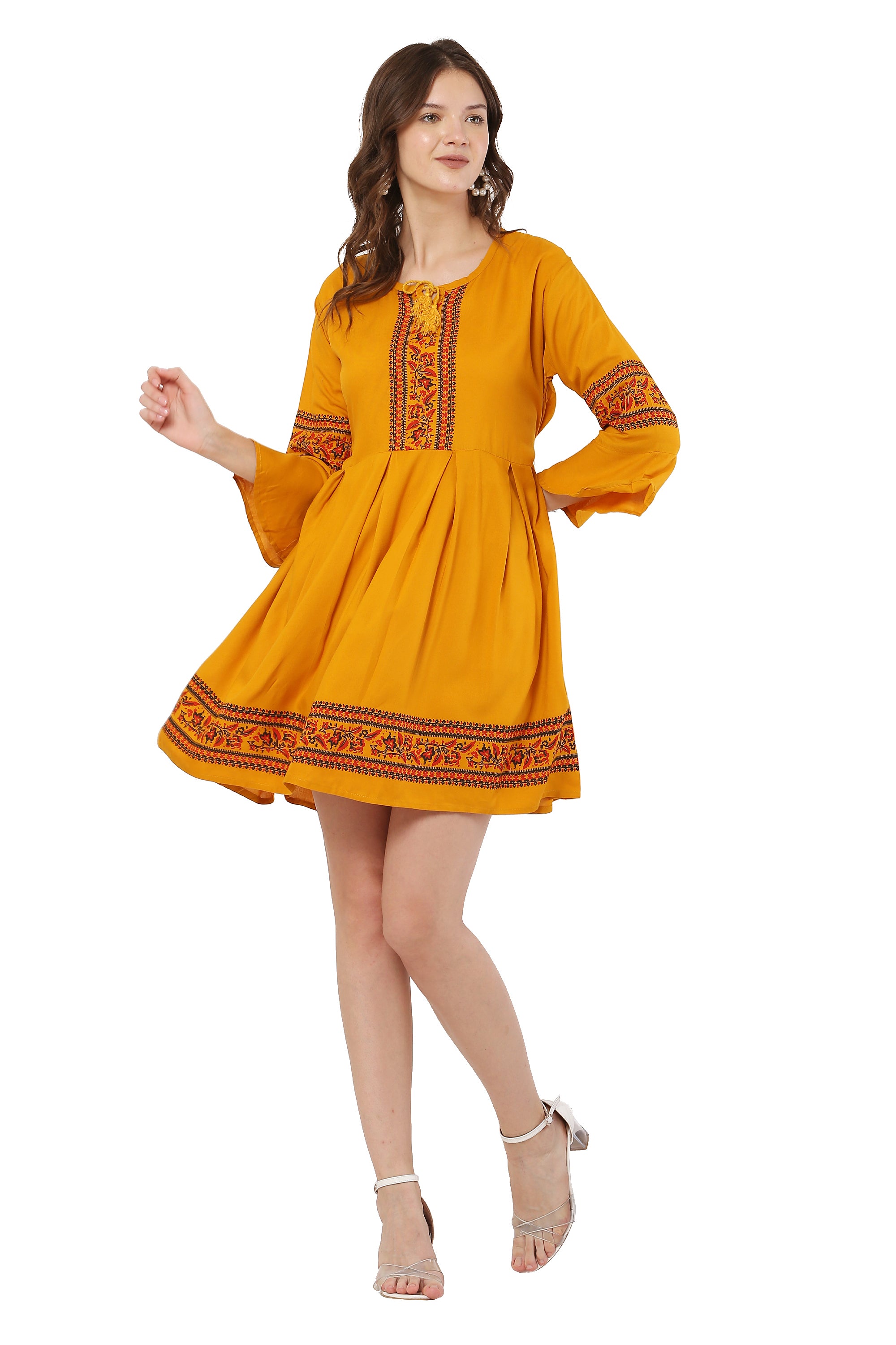 PAVONINE Mustard Color Rayon Fabric Printed Short Midi For Girls - Distacart