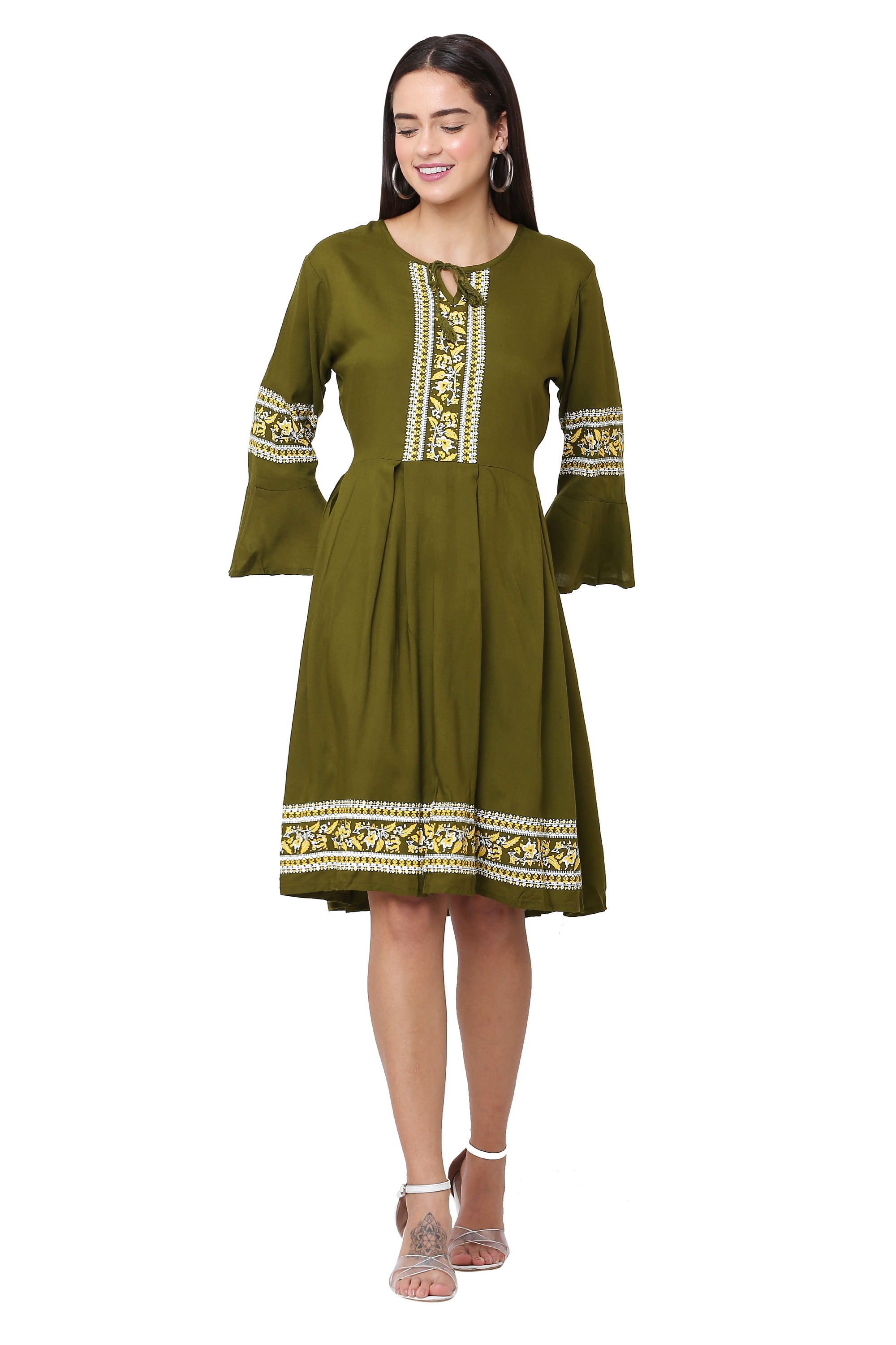 PAVONINE Mehandi Green Color Rayon Fabric Printed Short Midi For Girls - Distacart