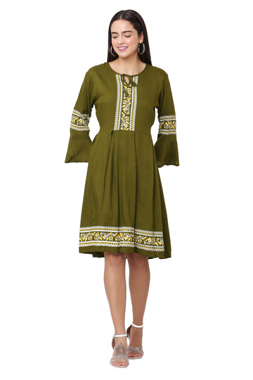 PAVONINE Mehandi Green Color Rayon Fabric Printed Short Midi For Girls - Distacart