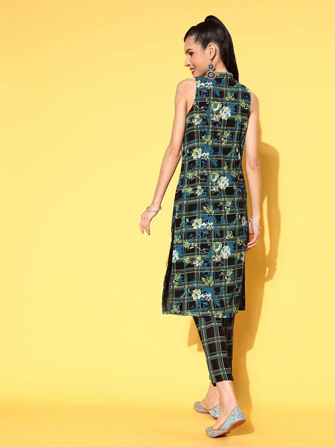 Sangria Women Ink Black Printed Parade Pure Cotton Kurta with Trousers - Distacart