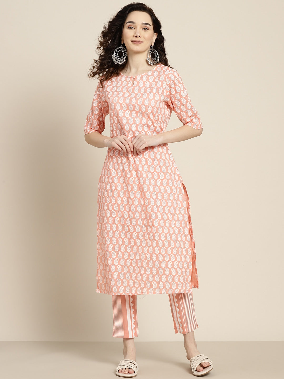 Sangria Women Peach-Coloured & White Ethnic Printed Pure Cotton Kurta set - Distacart