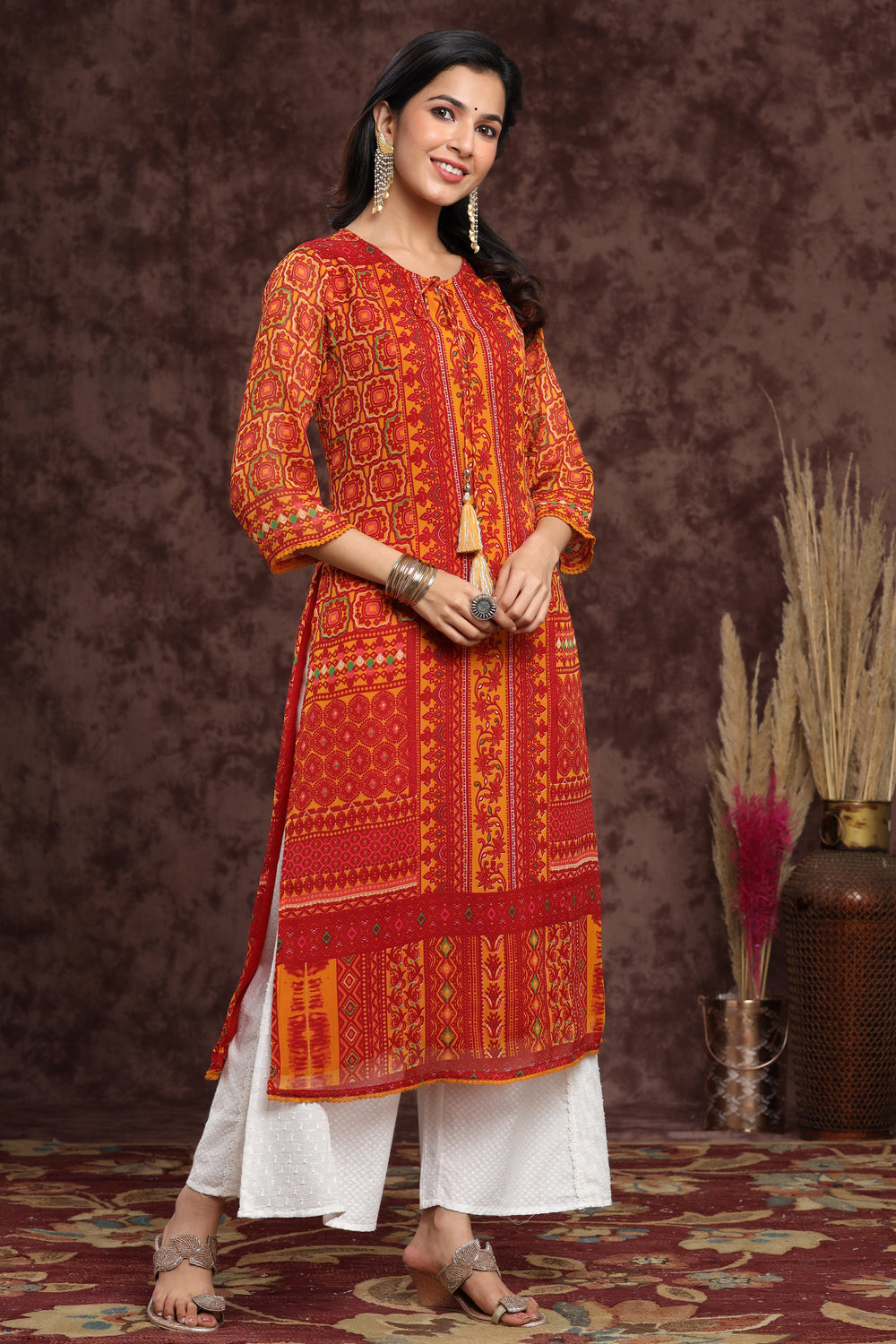 Juniper Women's Mustard Chiffon Printed Straight Kurta - Distacart