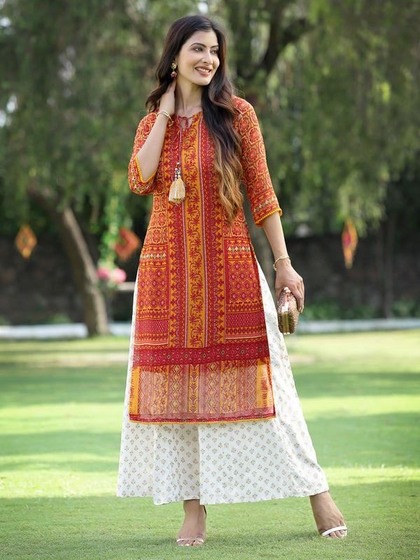 Juniper Womens Mustard Chiffon Printed Straight Kurta - Distacart