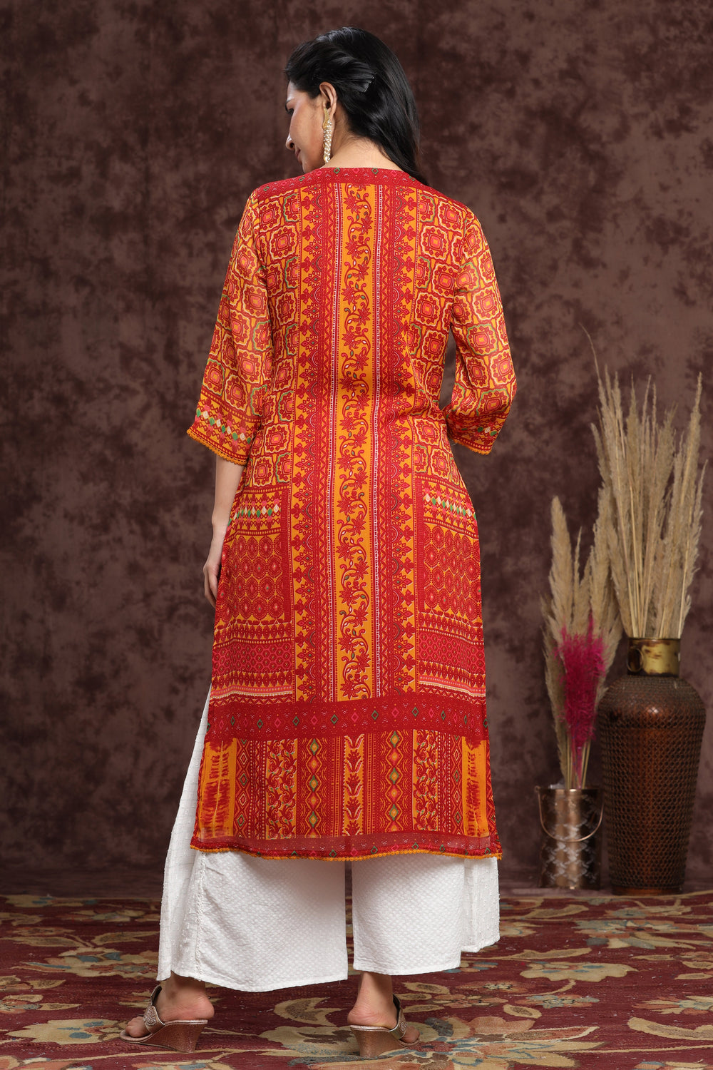 Juniper Women's Mustard Chiffon Printed Straight Kurta - Distacart