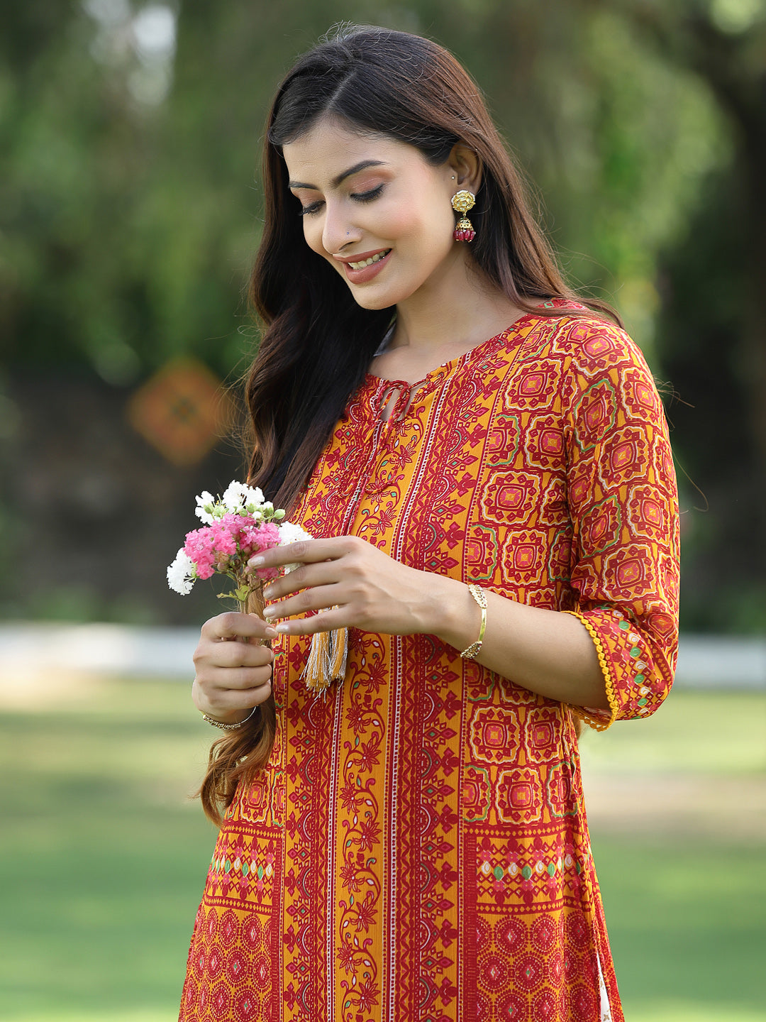 Juniper Womens Mustard Chiffon Printed Straight Kurta - Distacart