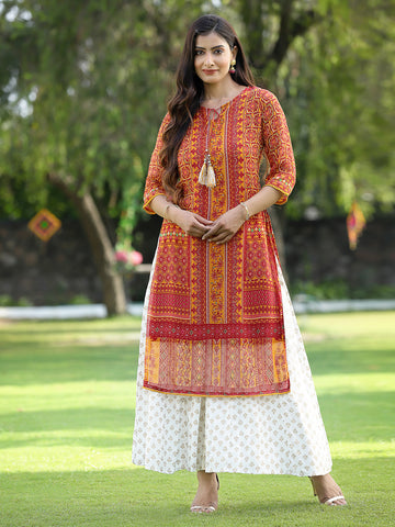 Juniper Womens Mustard Chiffon Printed Straight Kurta - Distacart