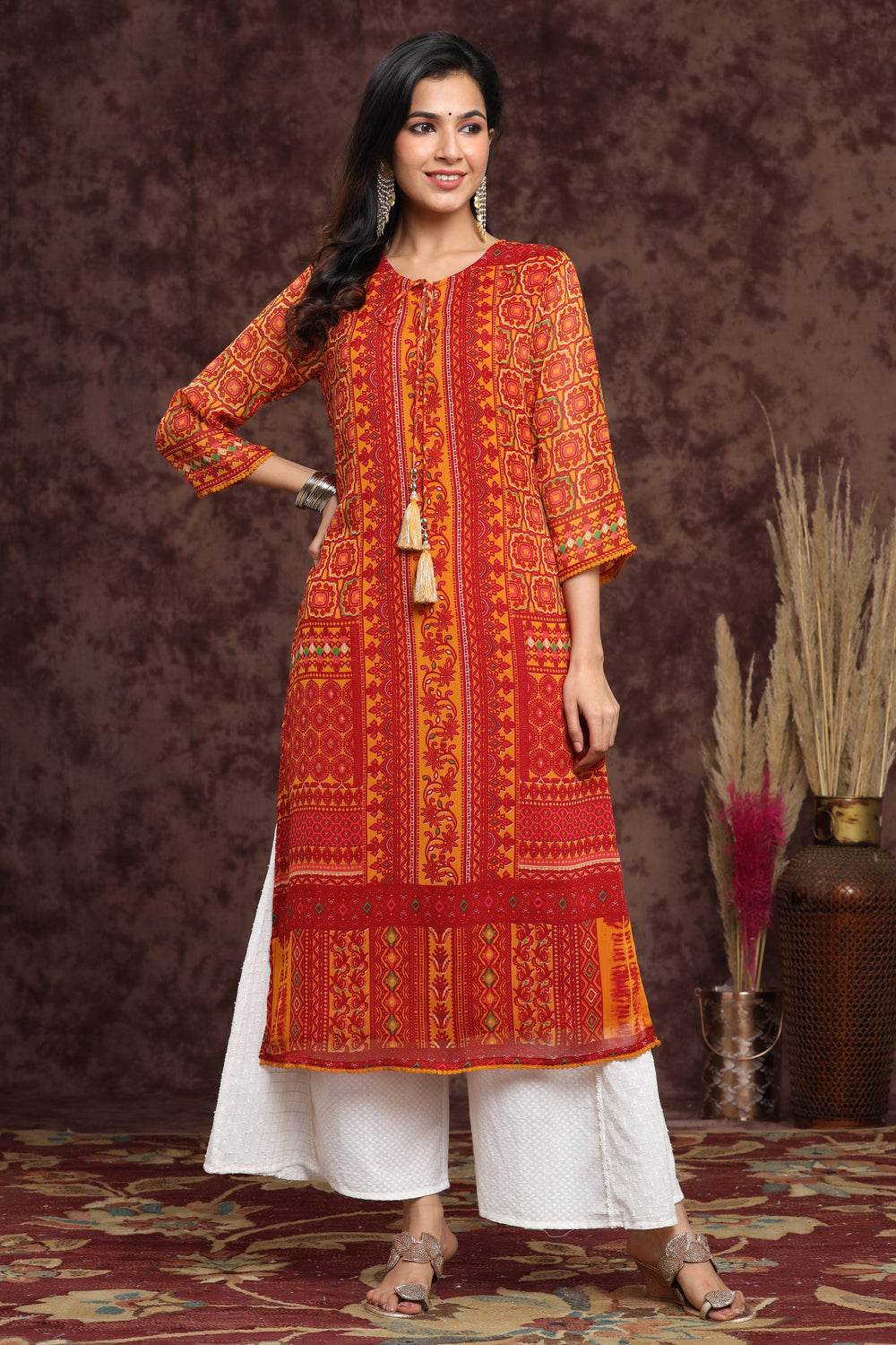 Juniper Women's Mustard Chiffon Printed Straight Kurta - Distacart