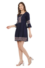 Thumbnail for PAVONINE Navy Blue Color Rayon Fabric Printed Short Midi For Girls - Distacart