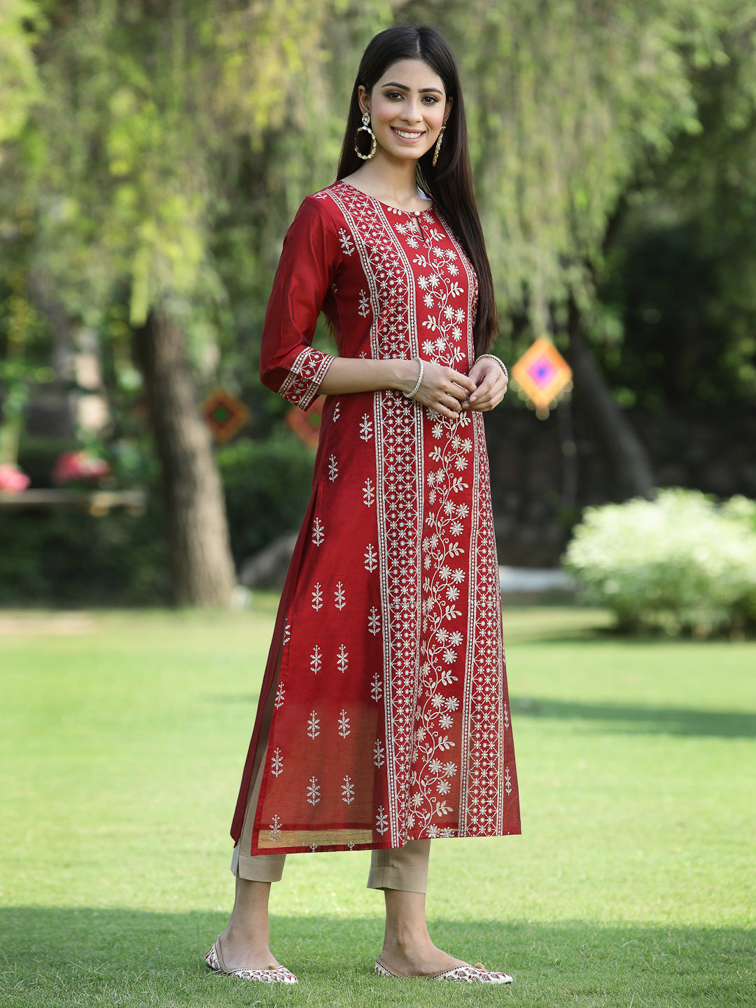 Juniper Womens Maroon Modal Chanderi Foil Printed Straight Kurta - Distacart