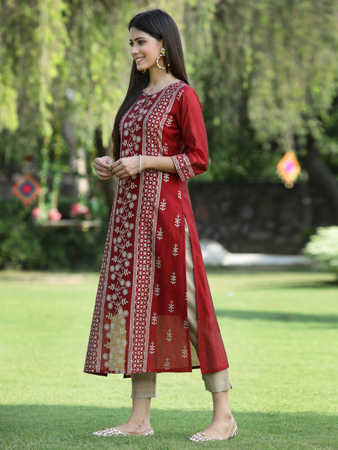 Juniper Womens Maroon Modal Chanderi Foil Printed Straight Kurta - Distacart
