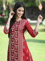 Thumbnail for Juniper Women's Maroon Modal Chanderi Printed Straight Kurta - Distacart