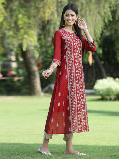 Juniper Womens Maroon Modal Chanderi Foil Printed Straight Kurta - Distacart