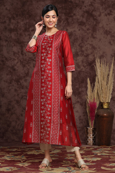 Juniper Women's Maroon Modal Chanderi Printed Straight Kurta - Distacart