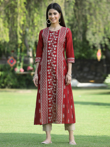 Juniper Womens Maroon Modal Chanderi Foil Printed Straight Kurta - Distacart