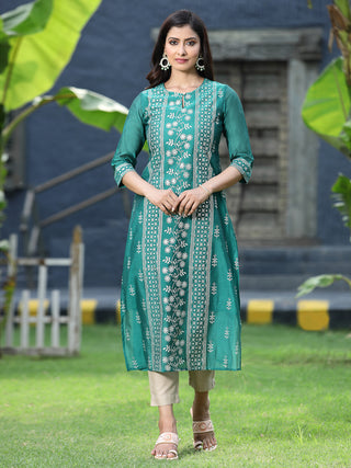 Juniper Womens Ramagreen Modal Chanderi Foil Printed Straight Kurta - Distacart