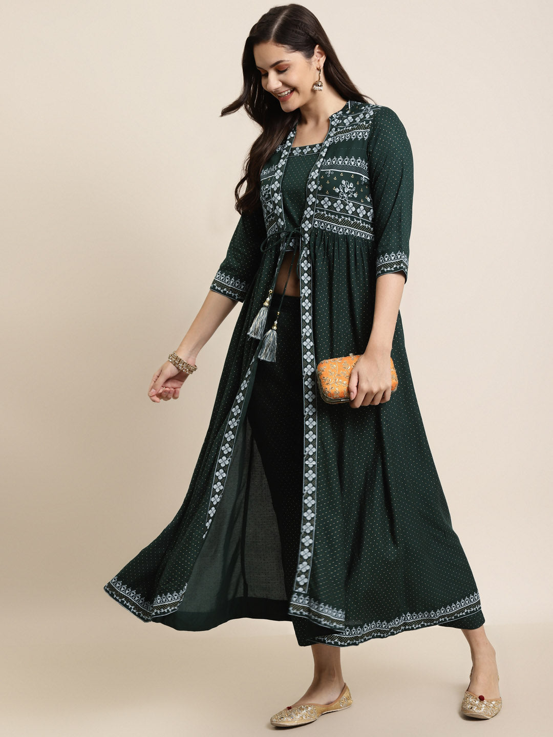 Juniper Womens Jadegreen Rayon Ethnic Printed Jacket Style Kurta Pant Set - Distacart