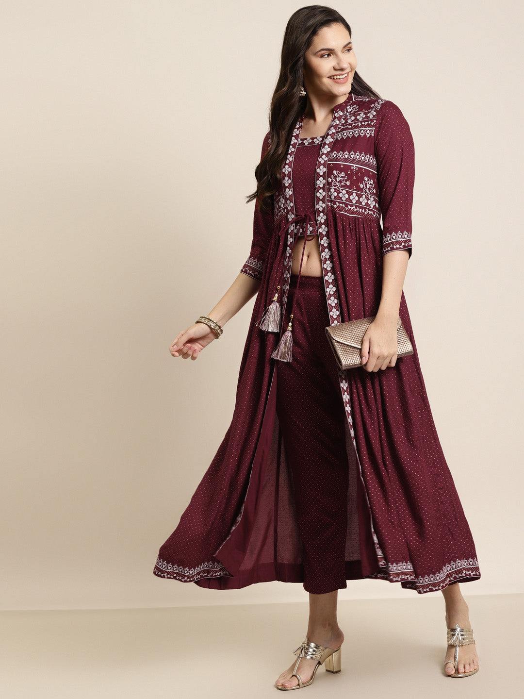 Juniper Women Maroon Rayon Printed Jacket Style Kurta Sets - Distacart