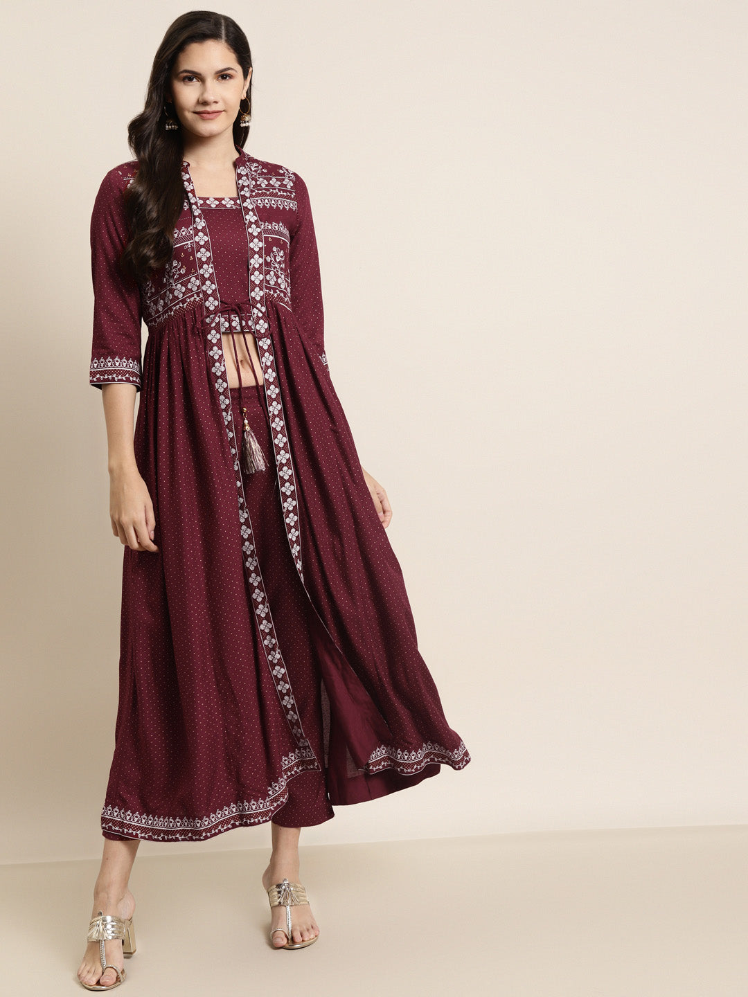 Juniper Women Maroon Rayon Printed Jacket Style Kurta Sets - Distacart