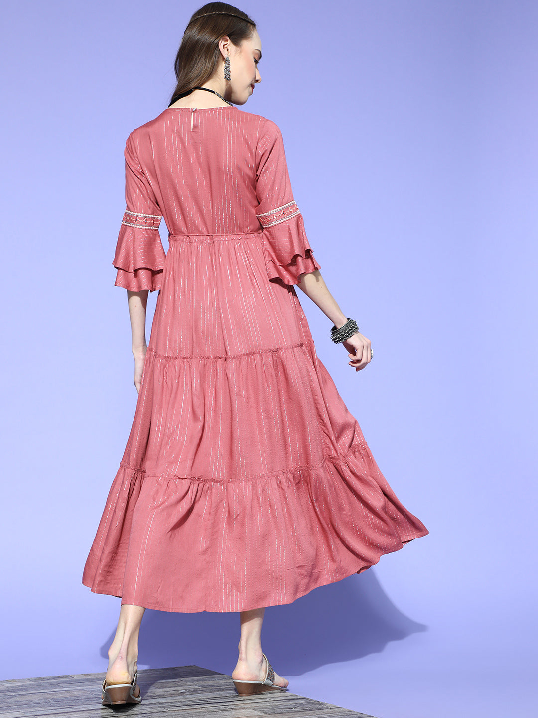 Juniper Women Rosepink Rayon Lurex Embroidered Tiered Dress - Distacart