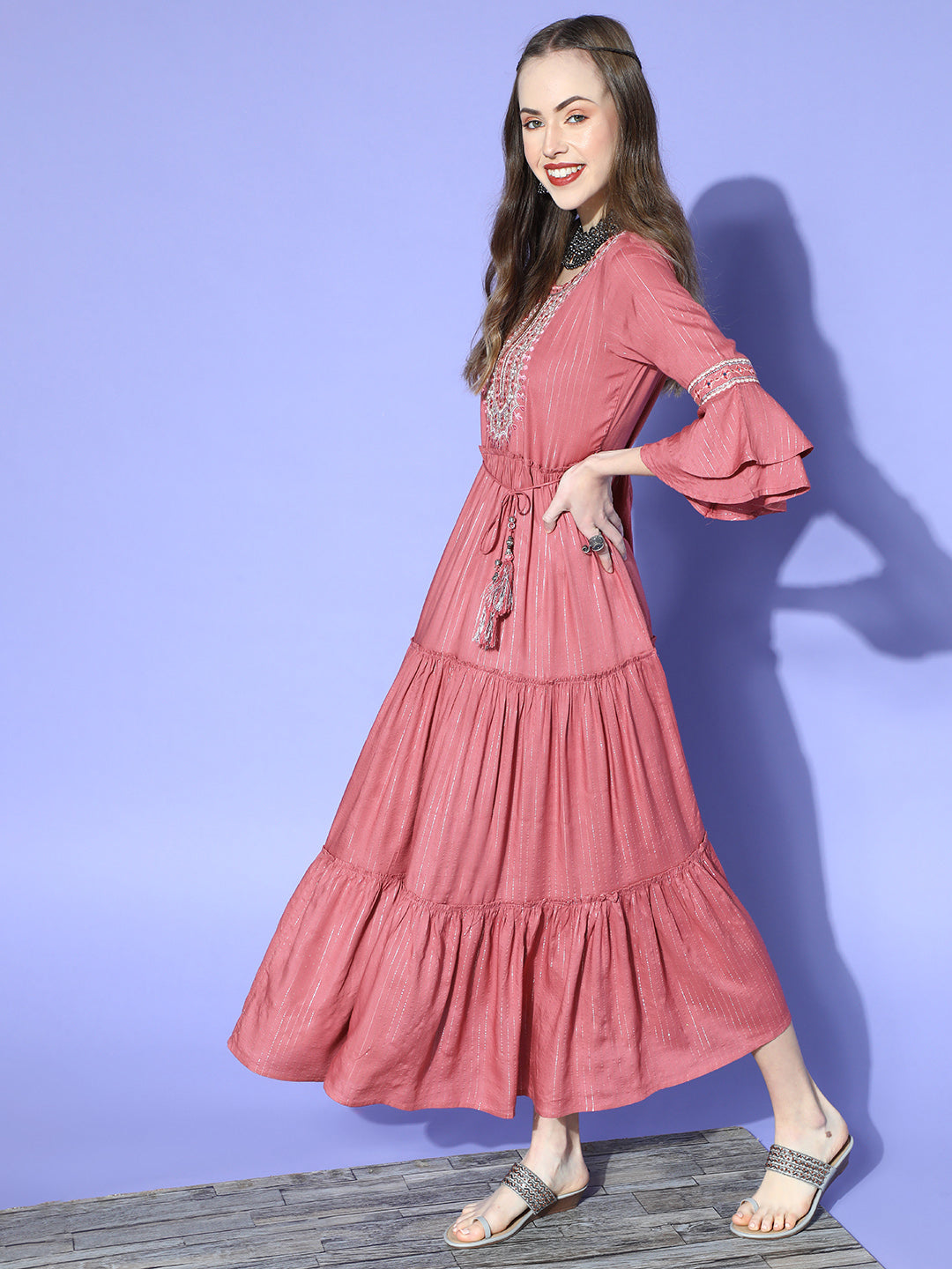 Juniper Women Rosepink Rayon Lurex Embroidered Tiered Dress - Distacart