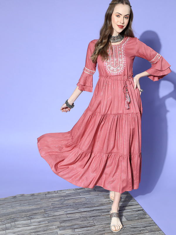 Juniper Women Rosepink Rayon Lurex Embroidered Tiered Dress - Distacart