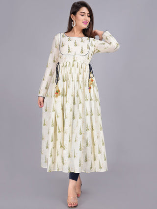Kalini Women Beige & Green Ethnic Motifs Printed Anarkali Kurta - Distacart