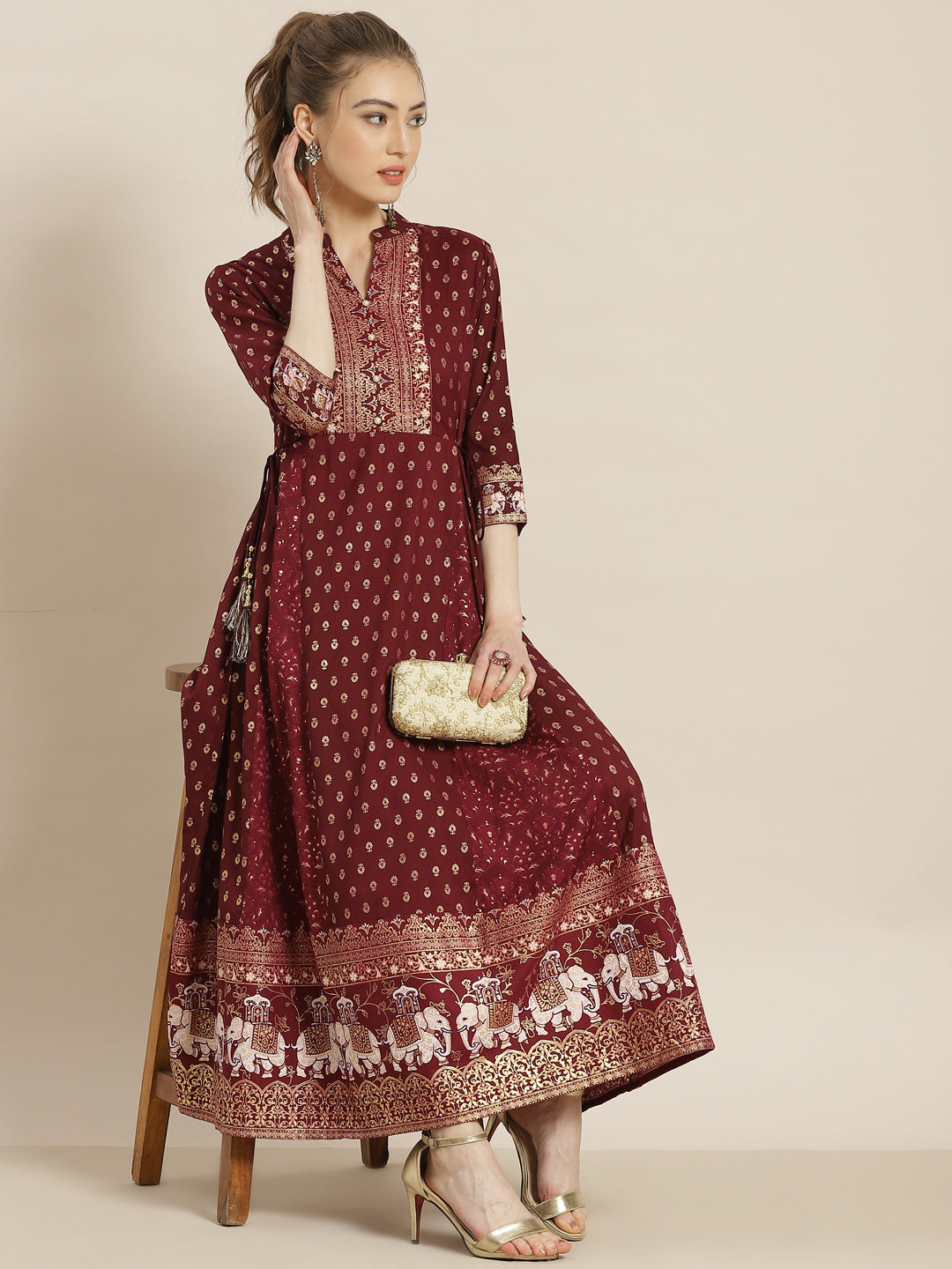 Juniper Womens Wine Rayon Ethnic Motif Foil Printed Festive Flared Maxi Dress - Distacart