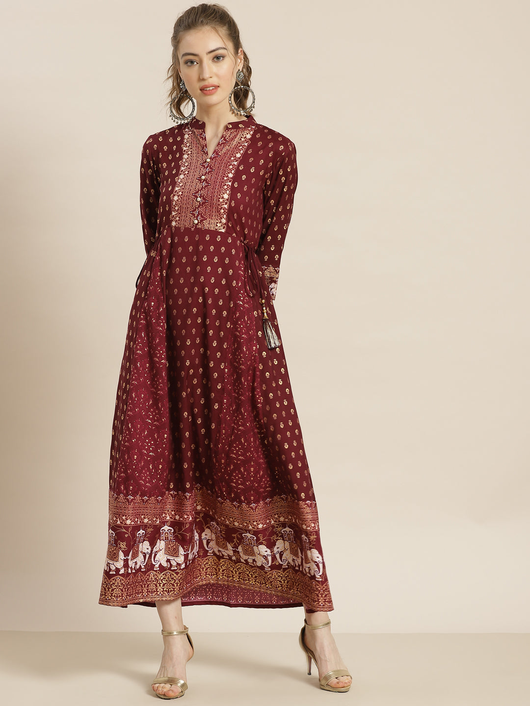 Juniper Womens Wine Rayon Ethnic Motif Foil Printed Festive Flared Maxi Dress - Distacart