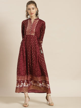 Juniper Womens Wine Rayon Ethnic Motif Foil Printed Festive Flared Maxi Dress - Distacart